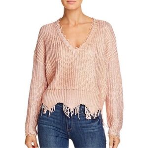 ELAN Frayed Edge V-Neck Sweater In Rose Gold Shimmer